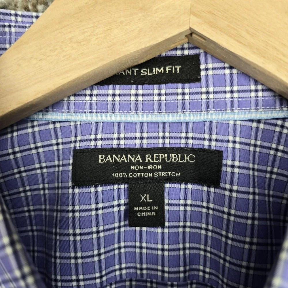 Banana Republic Dress Shirt Mens XL Lavender‎ Button Up Plaid Grant Fit Non Iron